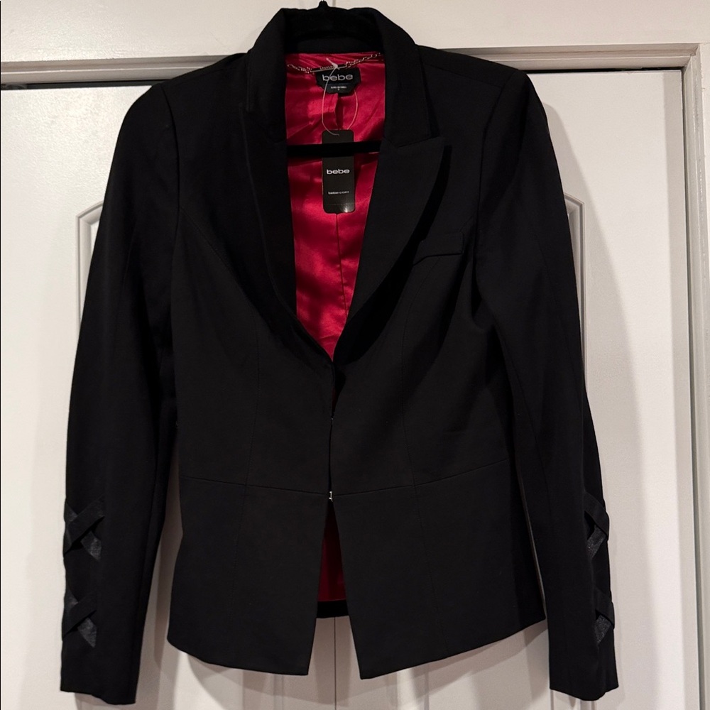 bebe Black cinched back peplum Blazer with pink Satin Lining small NWT‎